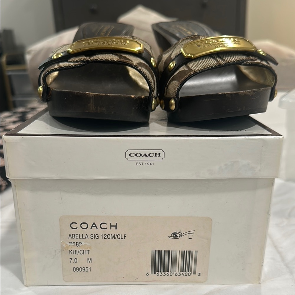 Coach Women's Black and Tan Mules with Gold Accents - Picture 3 of 7